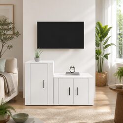 2 Piece TV Cabinet Set White Wall Mounted Storage Organiser Engineered Wood