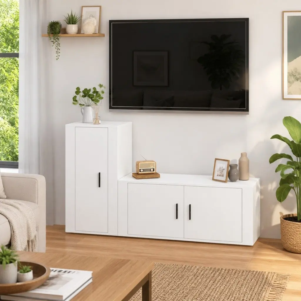 Wall Mounted Storage Unit Engineered Wood TV Cabinet Set White