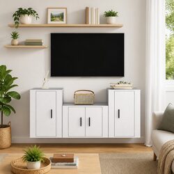 3 Piece TV Cabinet Set Wall Mounted Storage Unit White Engineered Wood