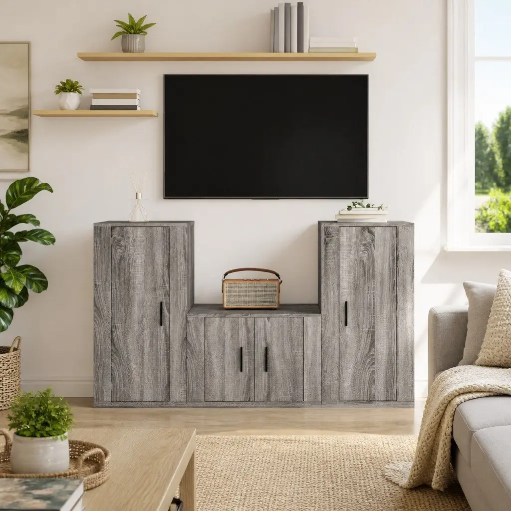 3 Piece Wall-Mounted Storage Unit Grey Engineered Wood TV Cabinet Set