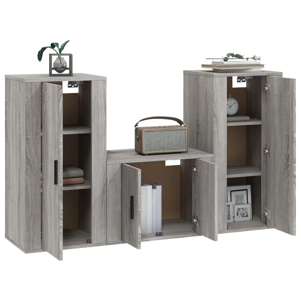 3 Piece Wall-Mounted Storage Unit Grey Engineered Wood TV Cabinet Set