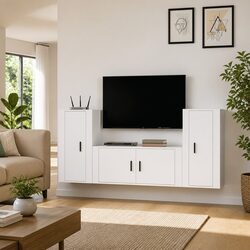 Practical Storage with White Wall-Mounted TV Cabinet Set