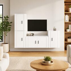 4 Piece TV Cabinet Set Wall Mounted High Gloss White Storage Unit Organizer