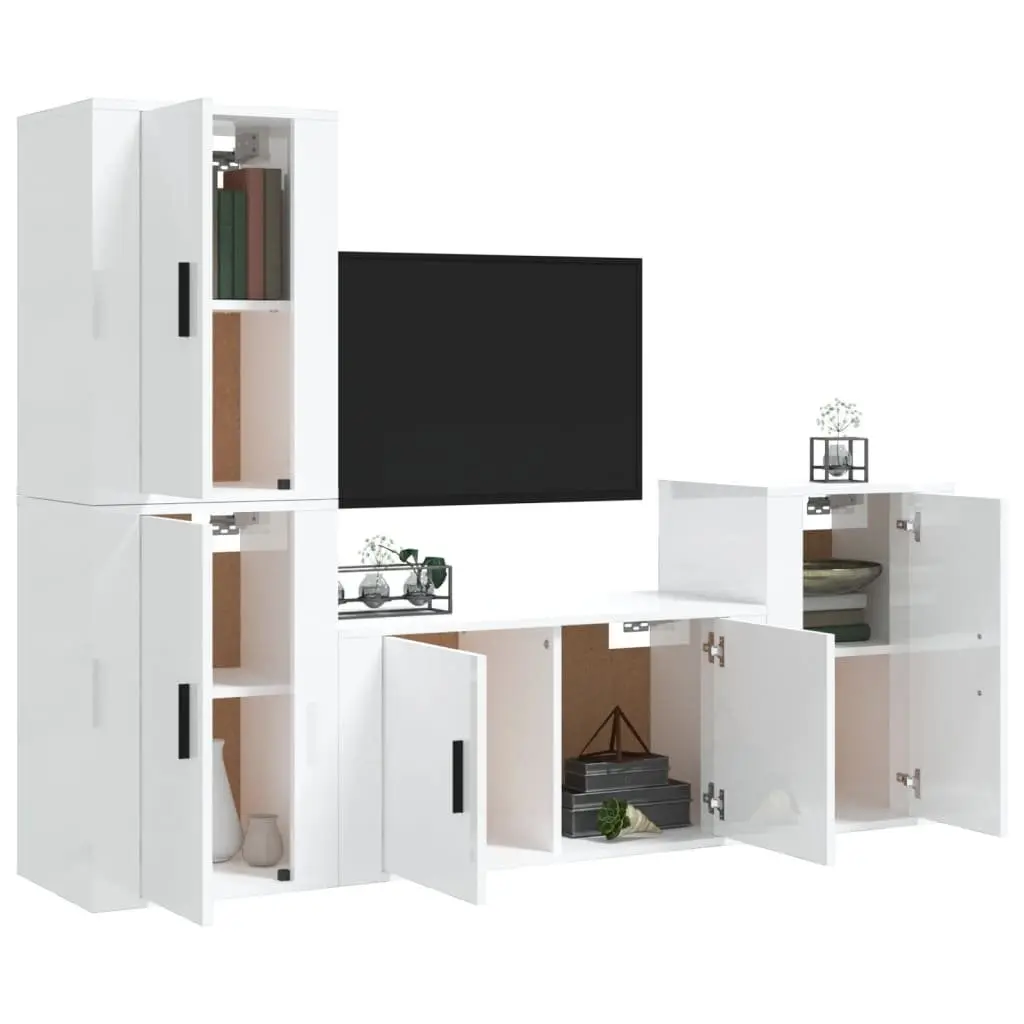 4 Piece TV Cabinet Set Engineered Wood Wall Mounted High Gloss White Storage Unit