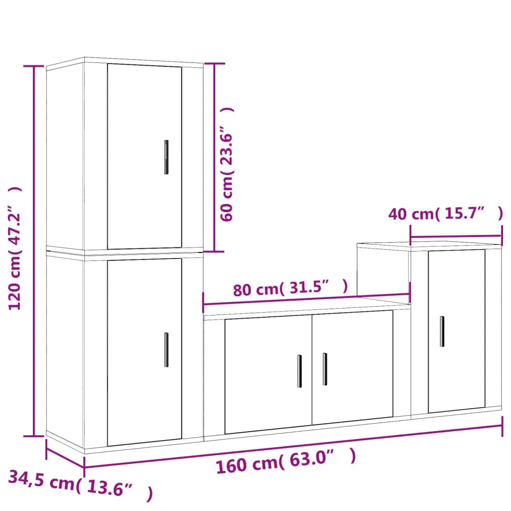 4 Piece TV Cabinet Set Engineered Wood Wall Mounted High Gloss White Storage Unit