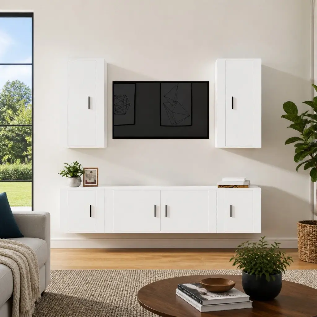 5 Piece TV Cabinet Set Wall Mounted Engineered Wood Storage Unit White