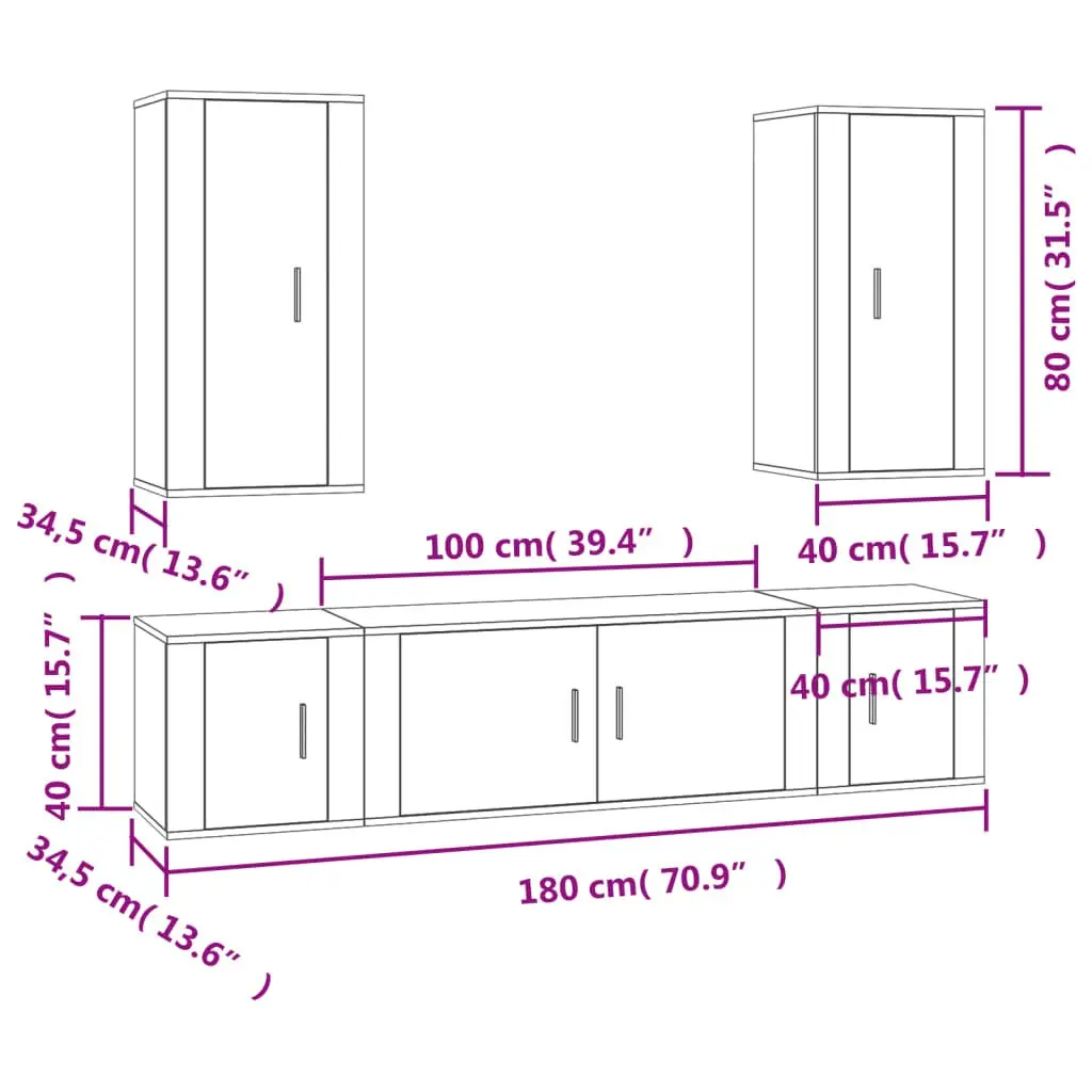 5 Piece TV Cabinet Set Wall Mounted Engineered Wood Storage Unit White