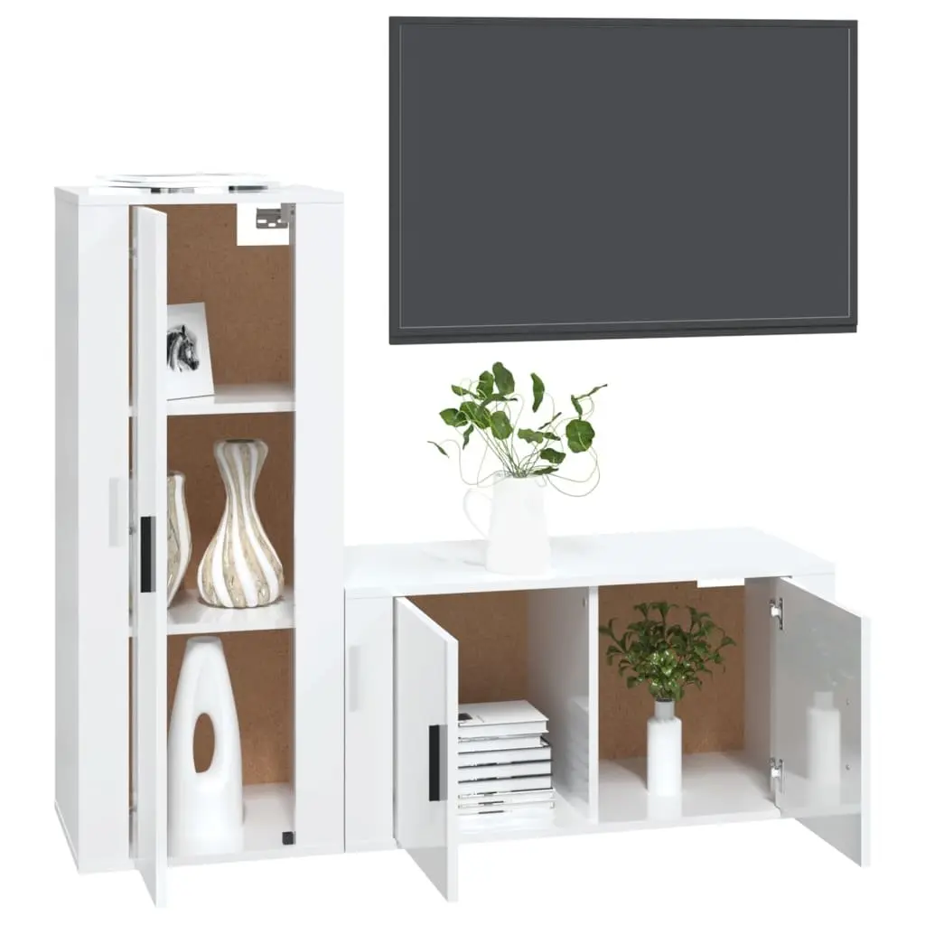 TV Cabinet Set Engineered Wood Wall-Mounted High Gloss White 2 Piece