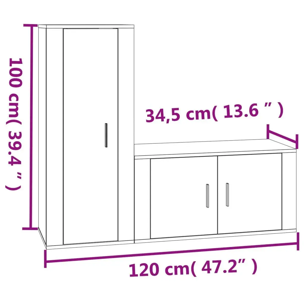 TV Cabinet Set Engineered Wood Wall-Mounted High Gloss White 2 Piece