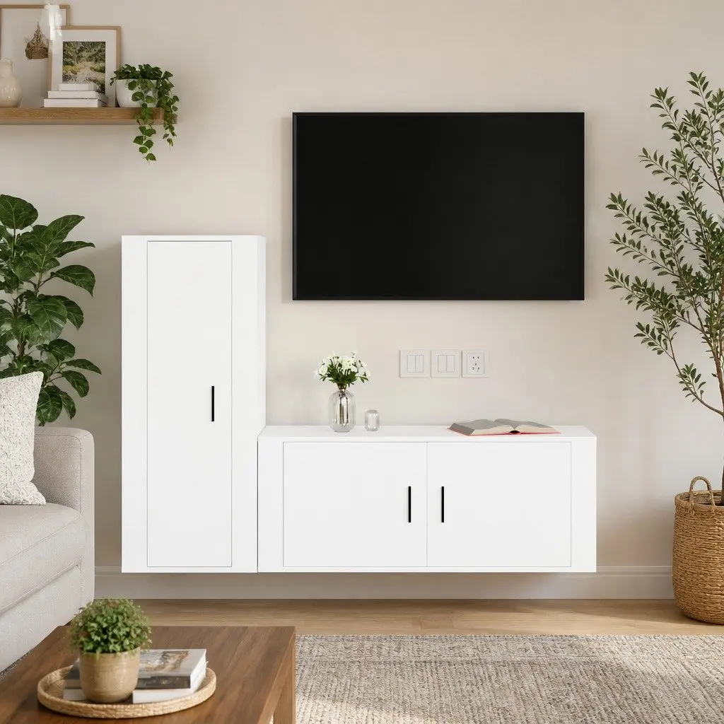 TV Cabinet Set 2 Piece Engineered Wood Wall-Mounted Media Storage Unit White