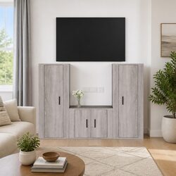 Wall-Mounted TV Cabinet Set 3 Piece Grey Engineered Wood Media Storage Unit