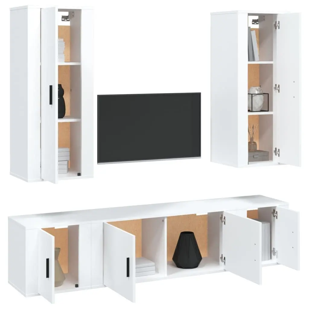 5 Piece Engineered Wood Wall Mounted Storage Unit White TV Cabinet Set