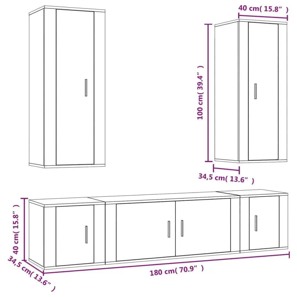 5 Piece Engineered Wood Wall Mounted Storage Unit White TV Cabinet Set
