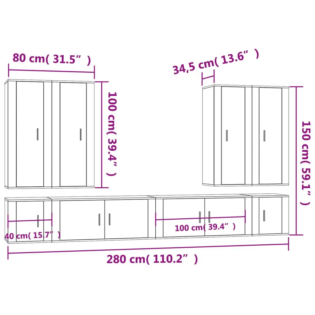 TV Cabinet Set Engineered Wood Wall-Mounted 8 Piece White Media Storage Units