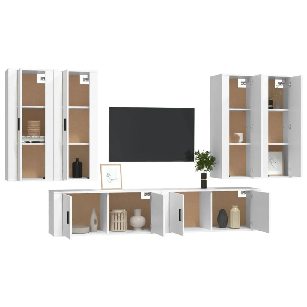 TV Cabinet Set 6 Piece Wall-Mounted Media Storage White Engineered Wood Units