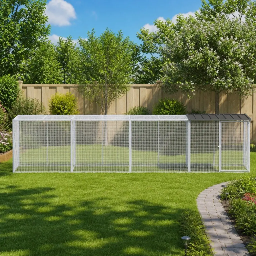 Chicken Coop Roofed Run 403x98x90cm Galvanised Steel Anthracite Outdoor Cage for Hens and Small Animals