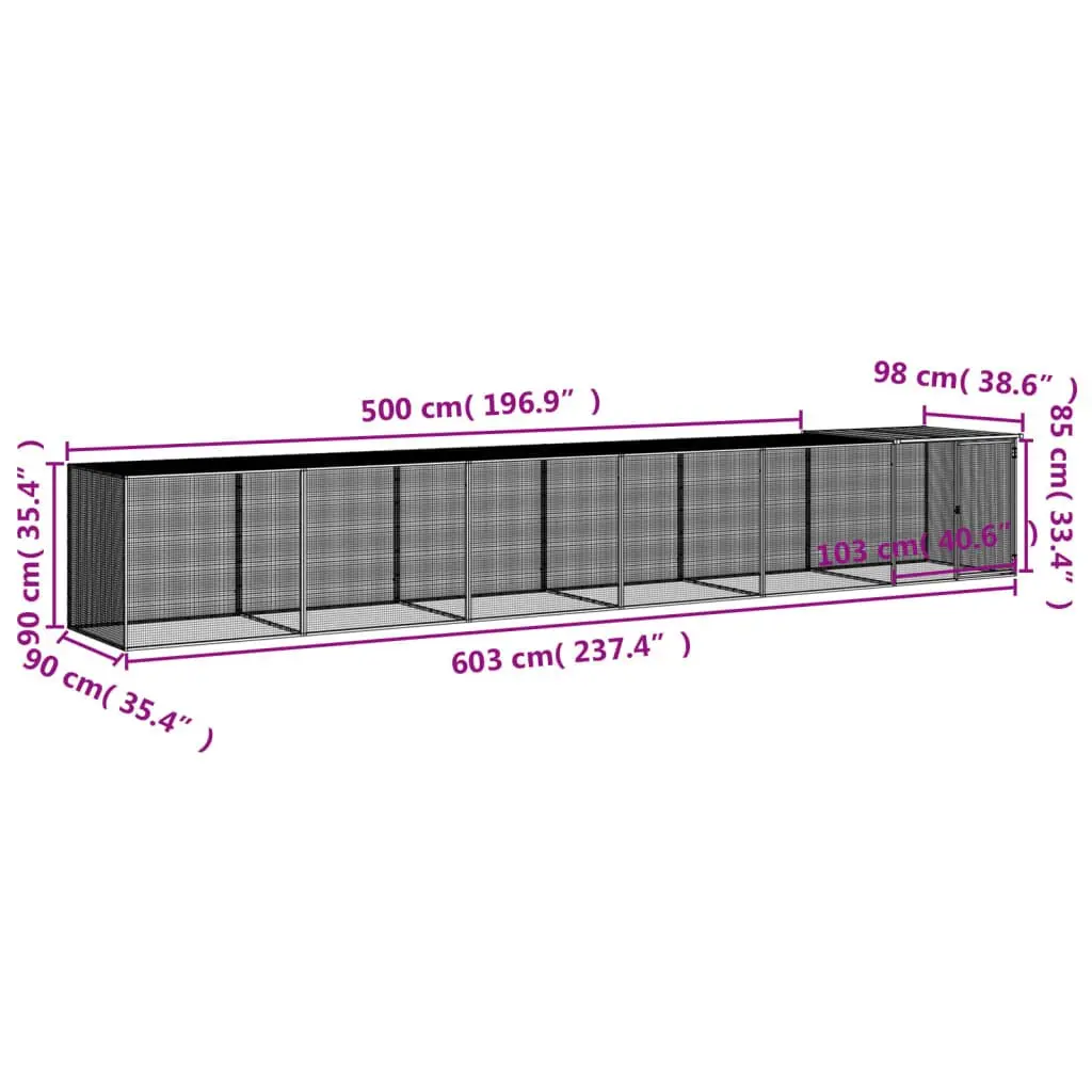 Chicken Cage with Roof 603x98x90 cm Galvanised Steel Chicken Coop Hen House Run