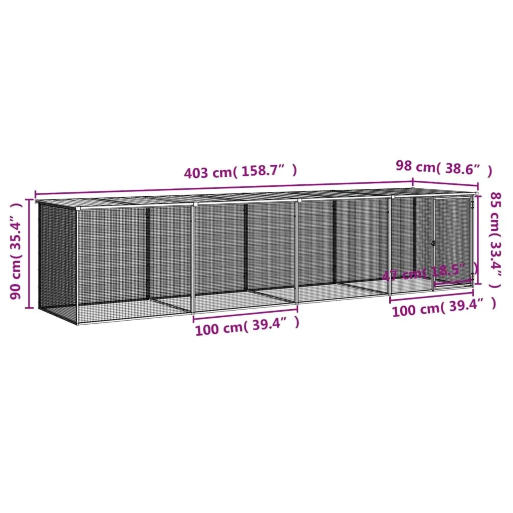 Chicken Coop Galvanised Steel Anthracite 403x98x90cm Roofed Run for Chickens Hens and Small Animals