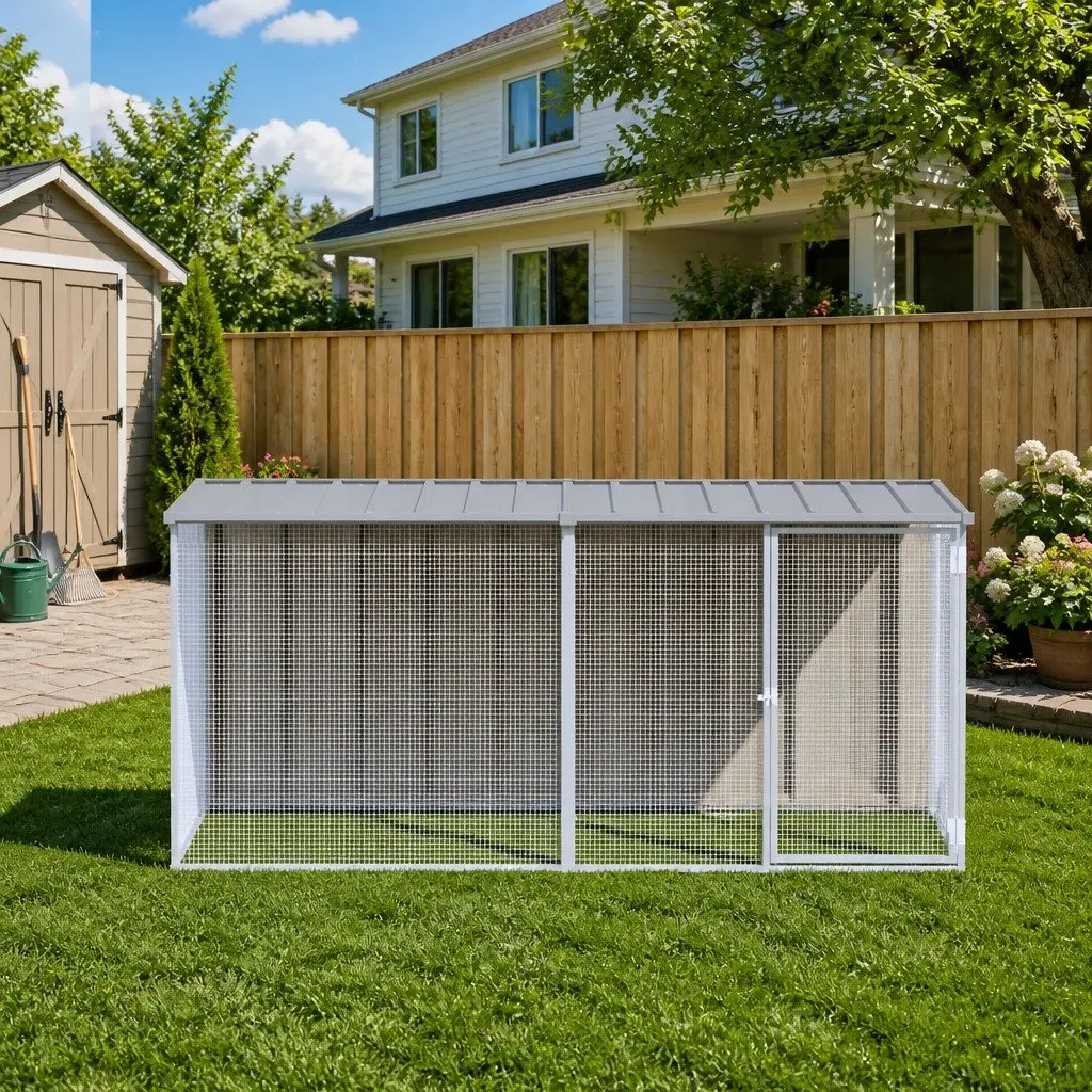 Chicken Coop Pen Grey Galvanised Steel Outdoor Run with Roof 203x98x90cm