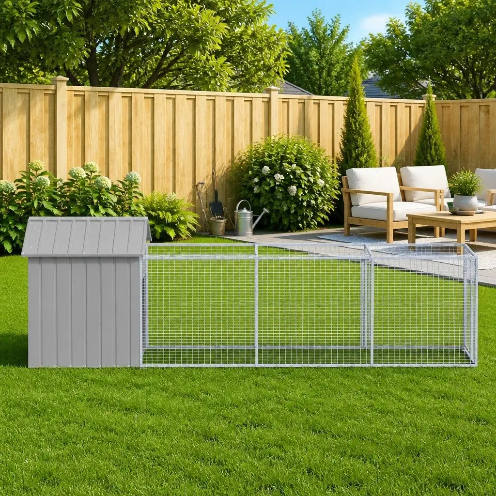 Dog House Galvanised Steel Large Grey with Run