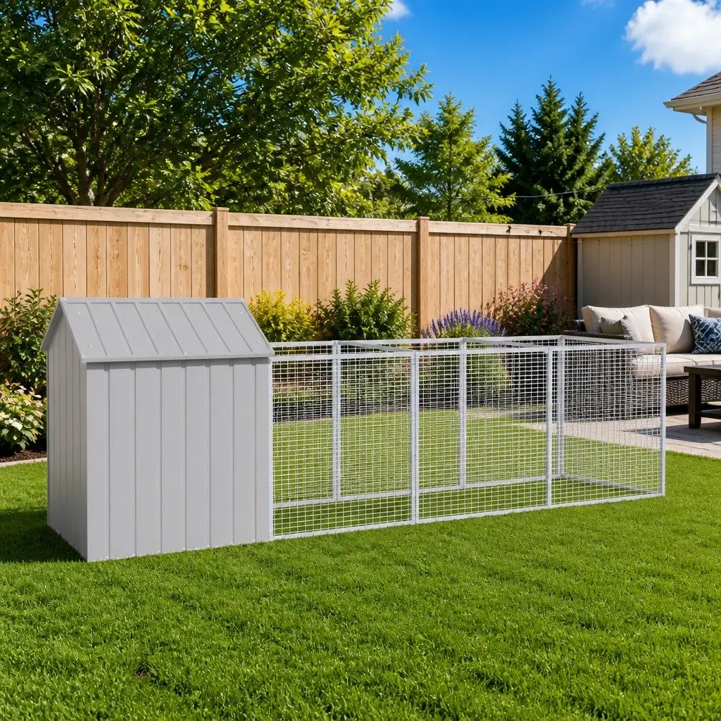 Dog House with Run Galvanised Steel Grey Outdoor Pet Kennel Cage Enclosure