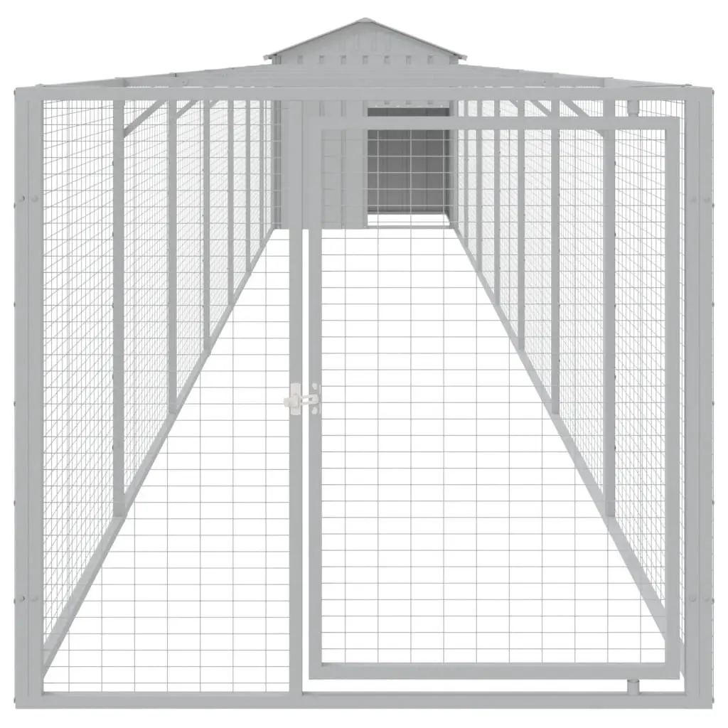 Dog House with Run Galvanised Steel Grey Outdoor Pet Kennel Cage Enclosure
