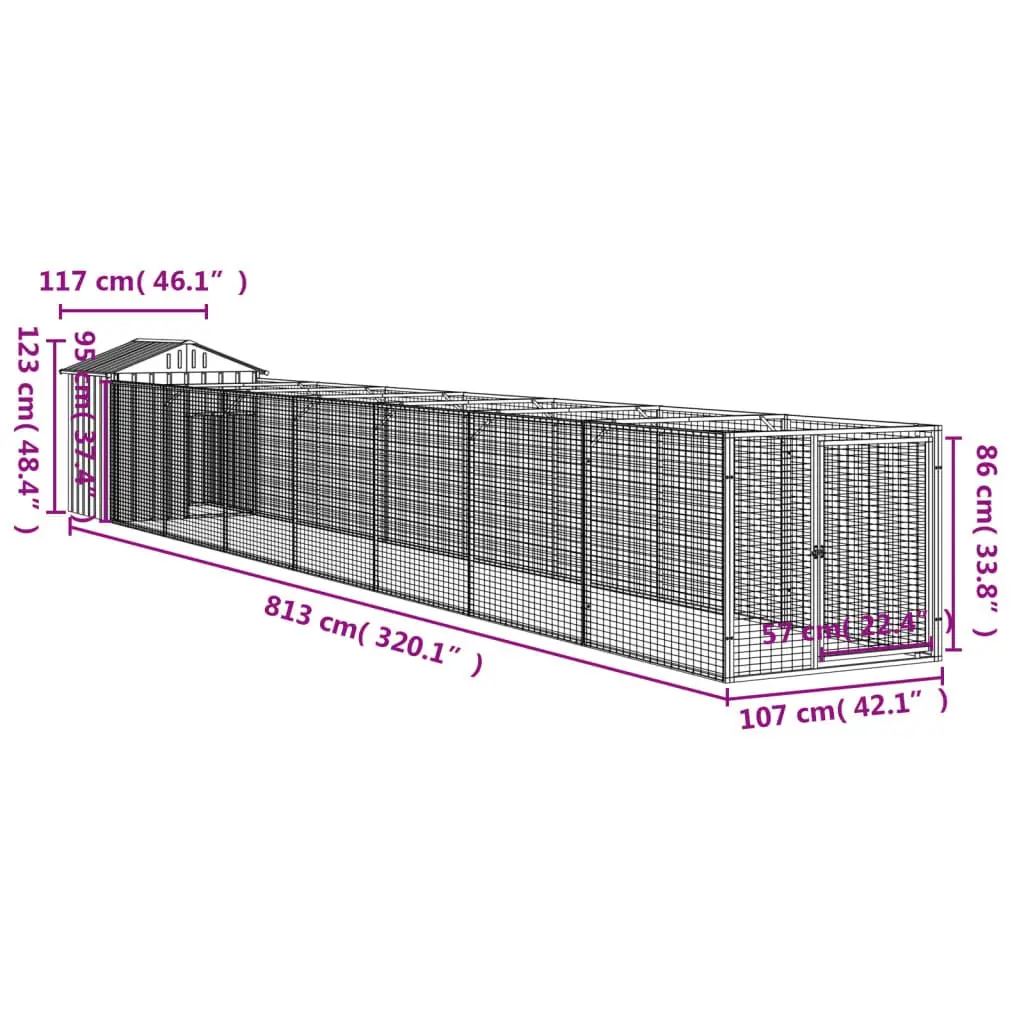 Dog House with Run Galvanised Steel Grey Outdoor Pet Kennel Cage Enclosure