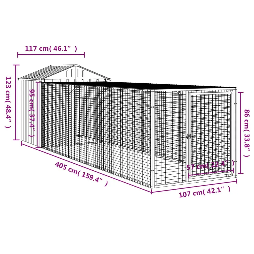 Chicken Coop Anthracite Galvanised Steel 117x405x123cm with Extended Run for Hens and Small Animals
