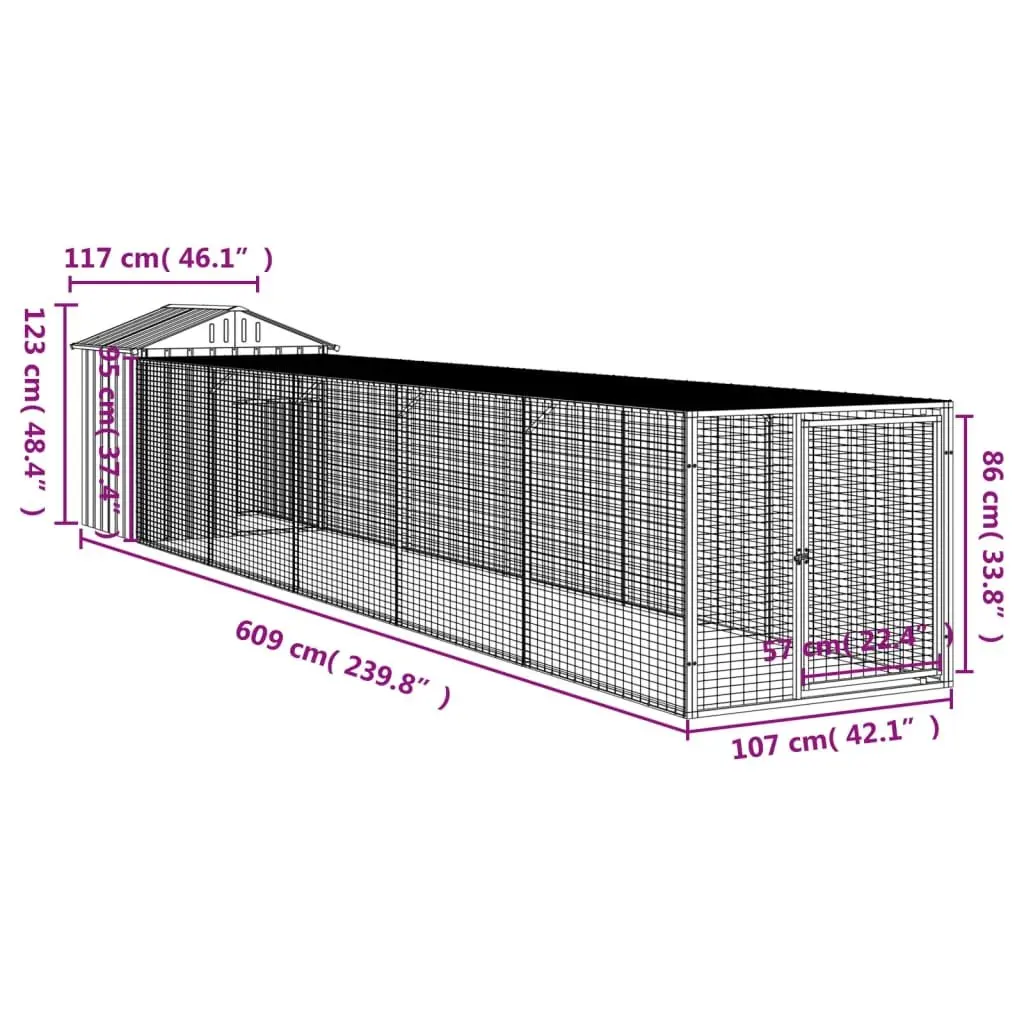 Chicken Coop with Run Galvanised Steel Anthracite 117x609x123cm Durable Hen House for Backyard Poultry
