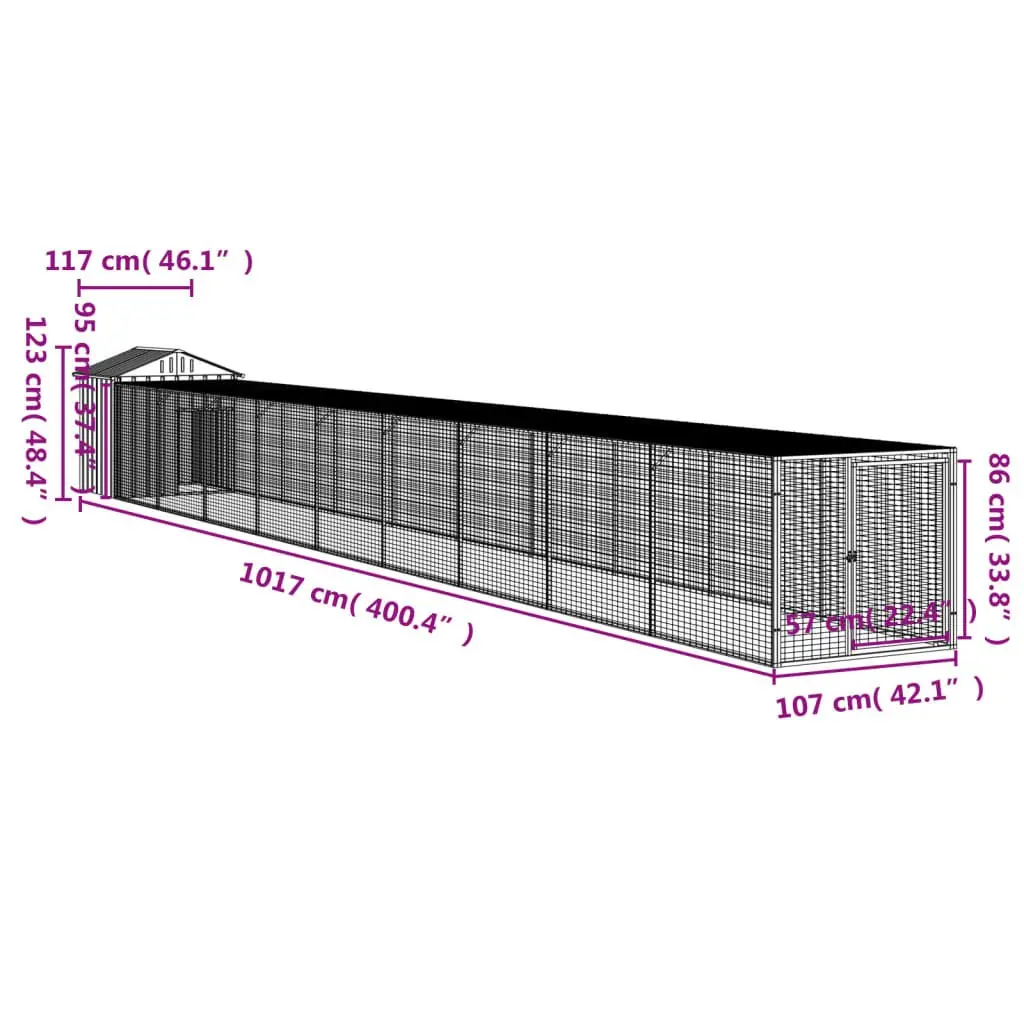 Chicken Cage Galvanised Steel 117x1017x123 cm Grey Coop with Run
