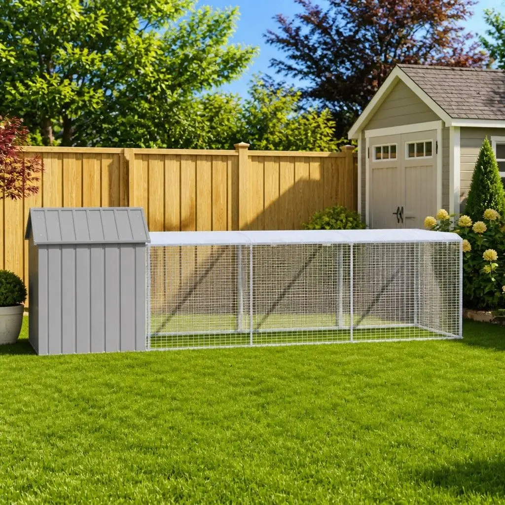 Chicken Cage with Run Galvanised Steel Light Grey Small Animal Habitat Coop