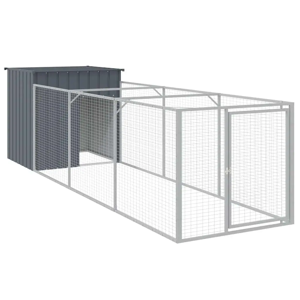 Dog House with Run Anthracite Galvanised Steel Outdoor Pet Cage Kennel Exercise