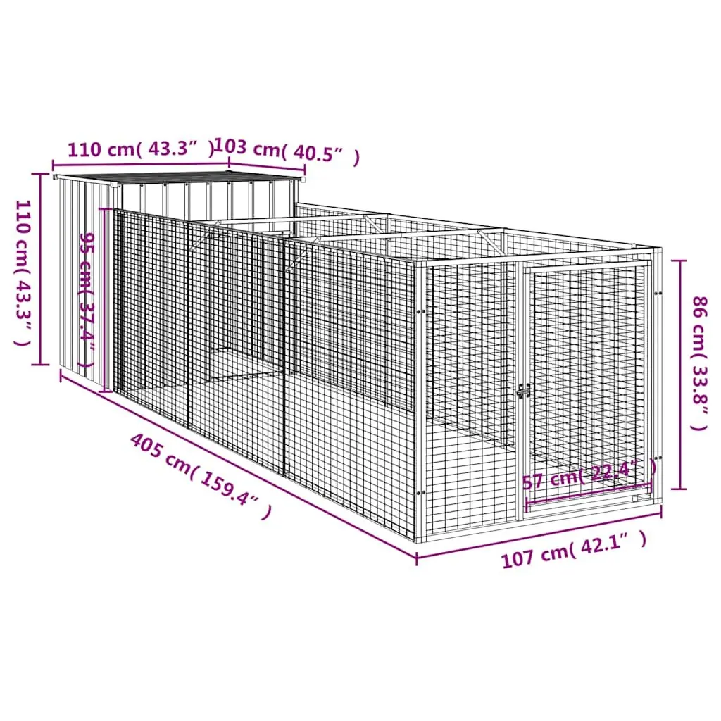 Dog House with Run Anthracite Galvanised Steel Outdoor Pet Cage Kennel Exercise