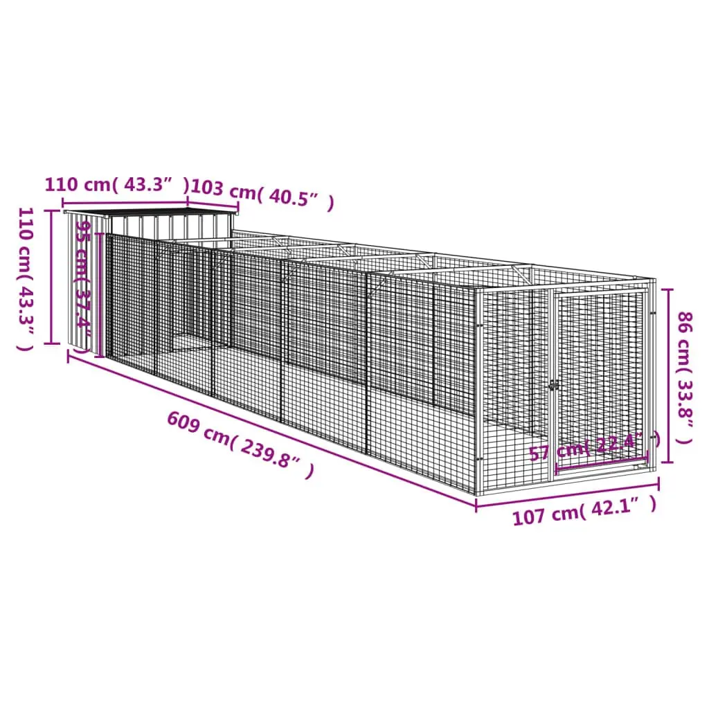 Outdoor Kennel Enclosure Galvanised Steel Dog House with Run 110cm x 609cm x 110cm Anthracite