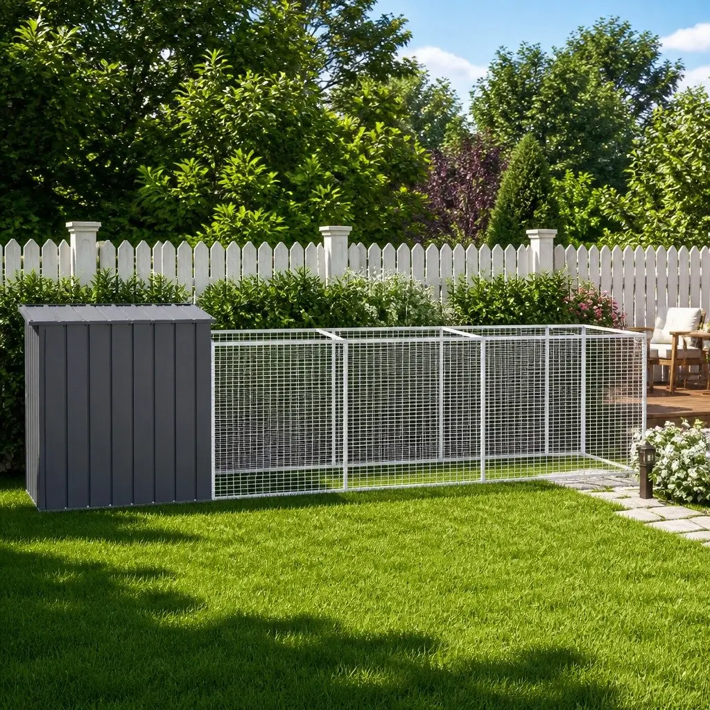 Dog House with Run Anthracite Galvanised Steel Outdoor Pet Kennel Enclosure
