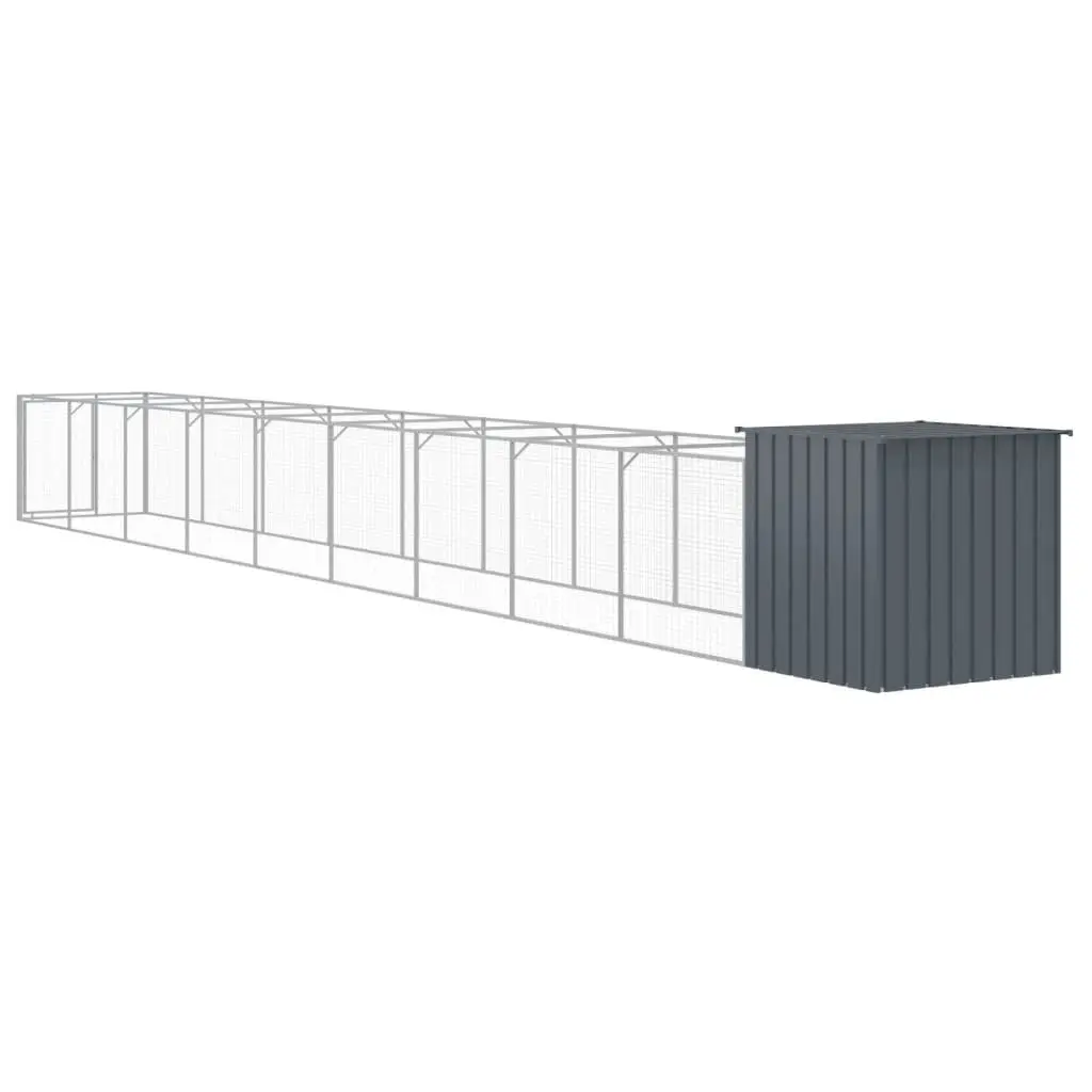 Dog House with Run Anthracite Galvanised Steel Outdoor Pet Kennel Enclosure