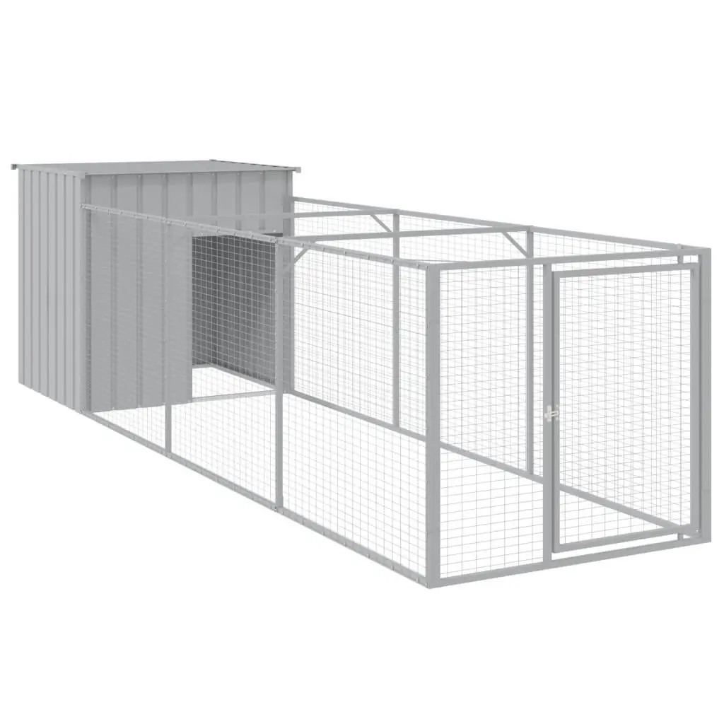 Dog House with Run Galvanised Steel Light Grey Outdoor Pet Kennel 110 x 405 x 110 cm
