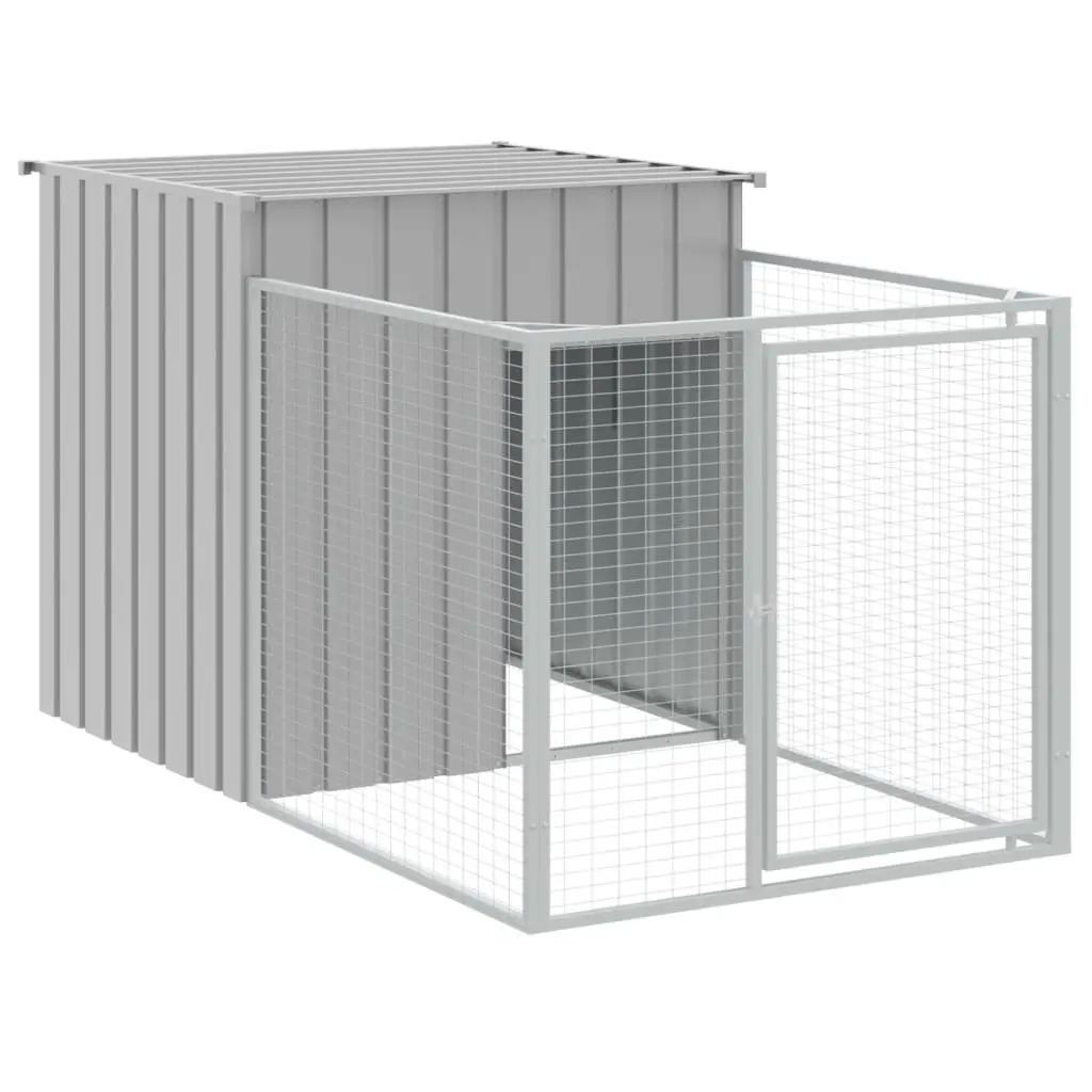 Dog House with Run Galvanised Steel Light Grey Outdoor Pet Kennel 110 x 405 x 110 cm