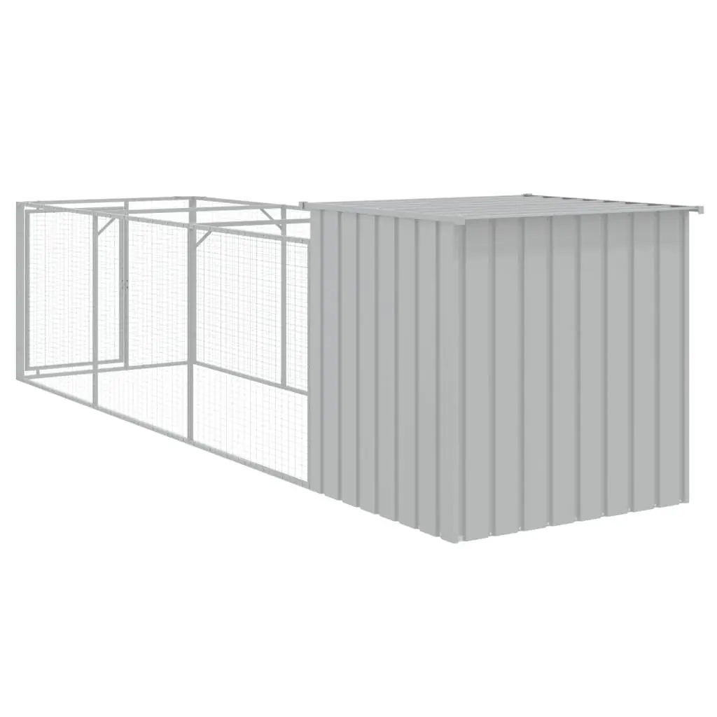Dog House with Run Galvanised Steel Light Grey Outdoor Pet Kennel 110 x 405 x 110 cm