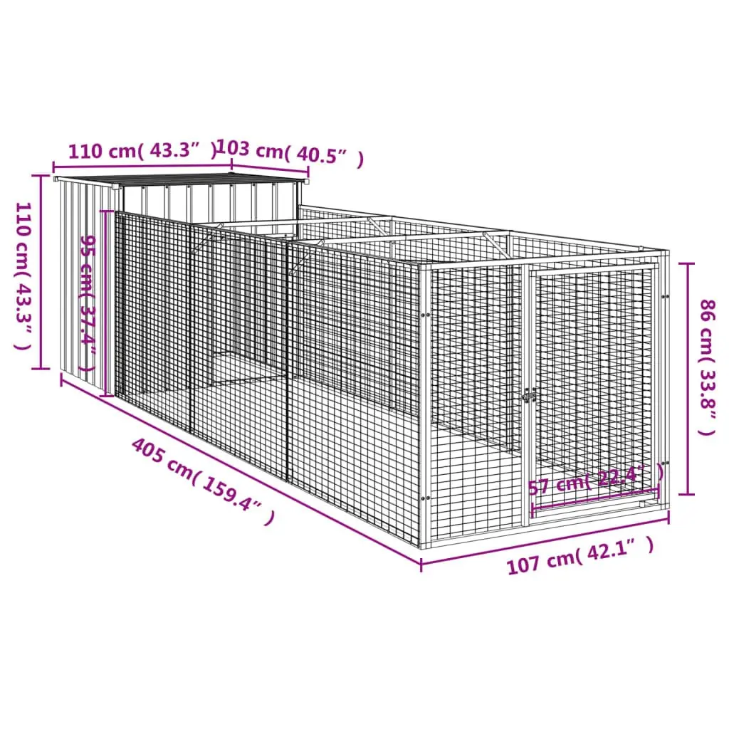 Dog House with Run Galvanised Steel Light Grey Outdoor Pet Kennel 110 x 405 x 110 cm