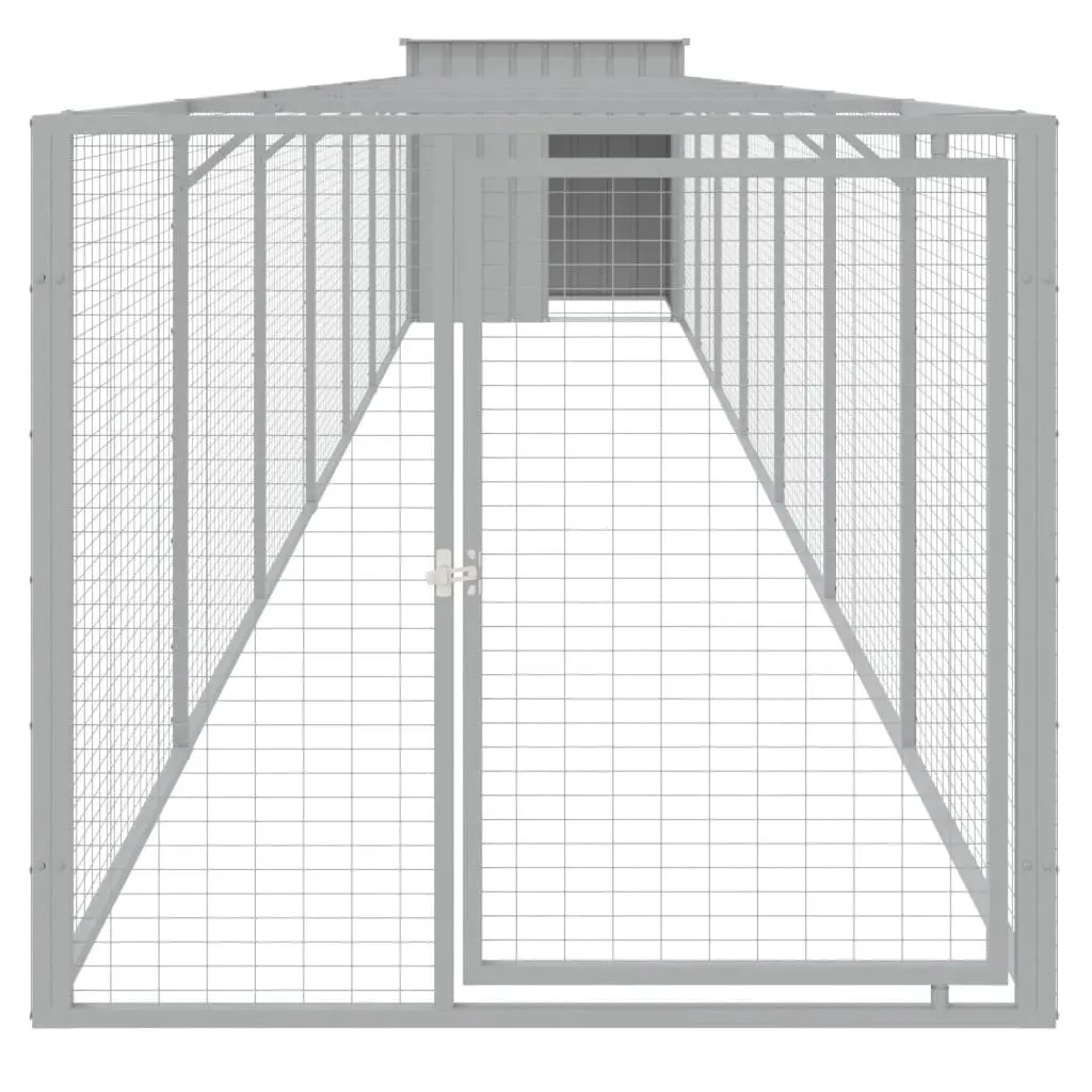 Dog House with Run Light Grey Galvanised Steel Outdoor Pet Kennel Enclosure