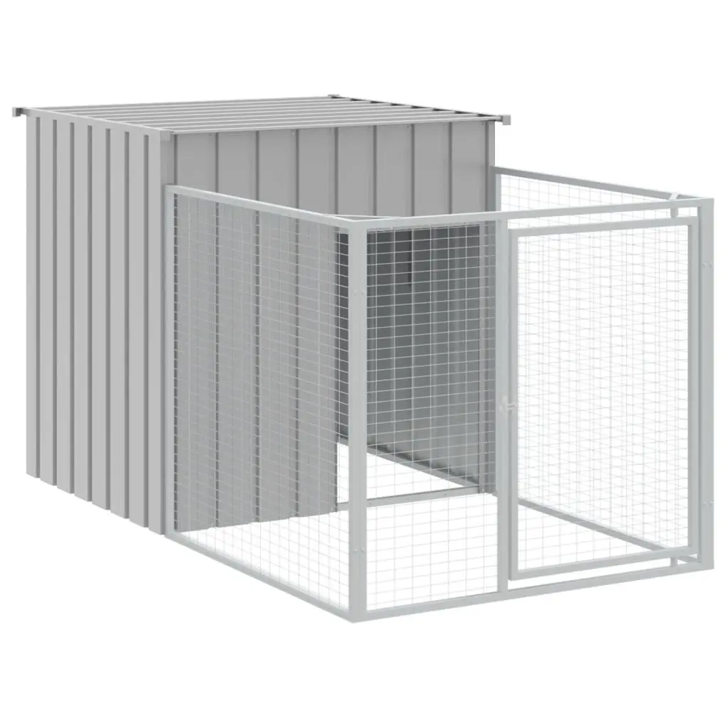 Dog House with Run Light Grey Galvanised Steel Outdoor Pet Kennel Enclosure