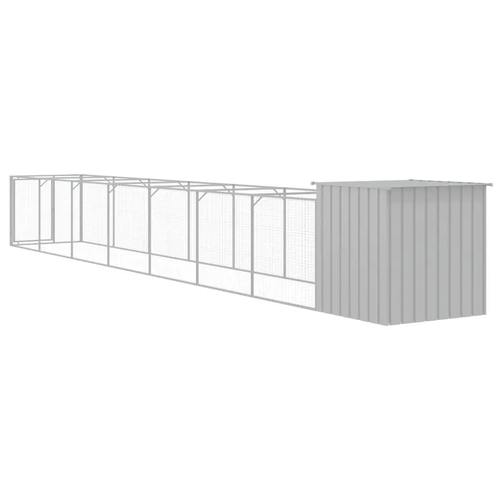 Dog House with Run Light Grey Galvanised Steel Outdoor Pet Kennel Enclosure