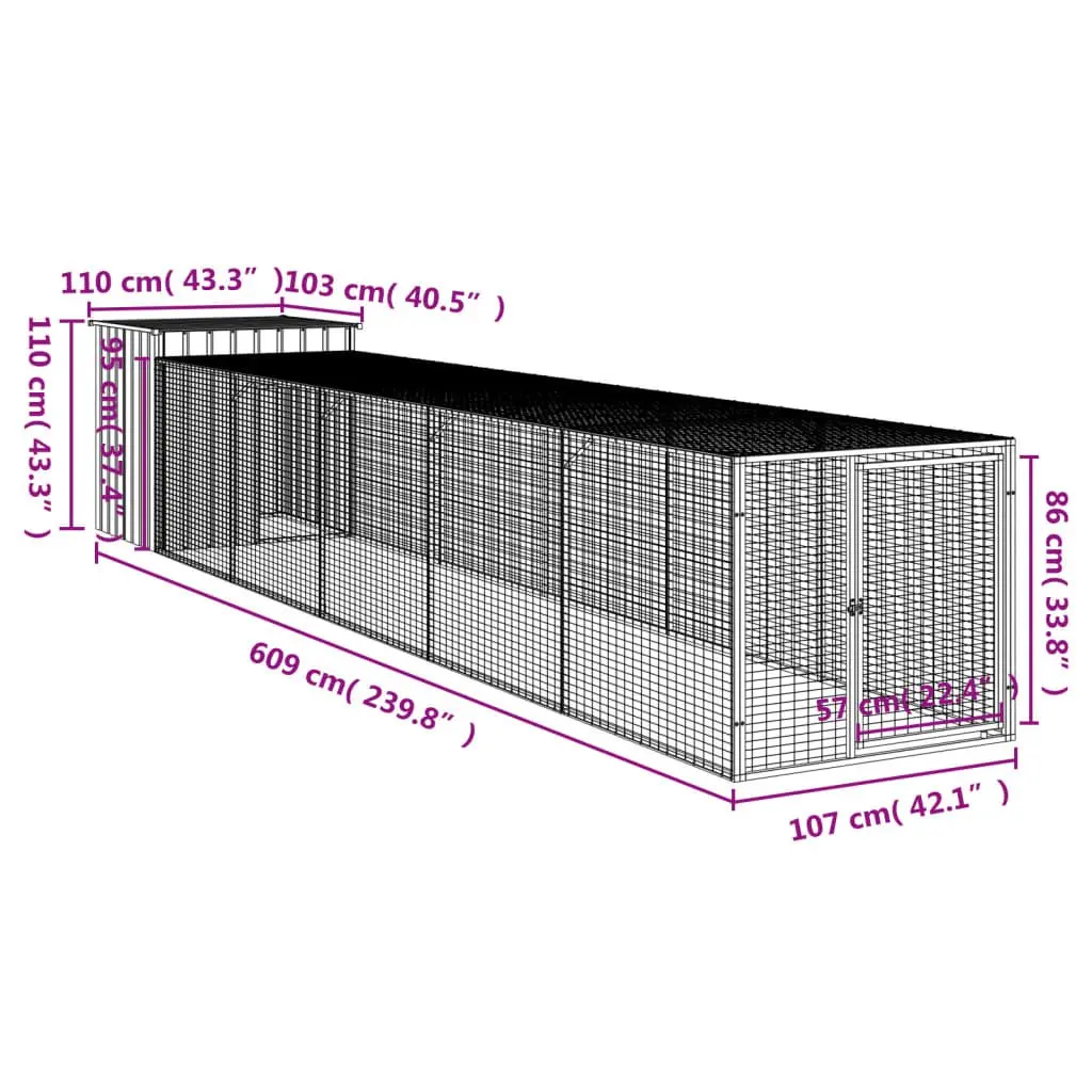 Chicken Cage Anthracite Galvanised Steel 110cm x 609cm x 110cm with Run for Small Animals