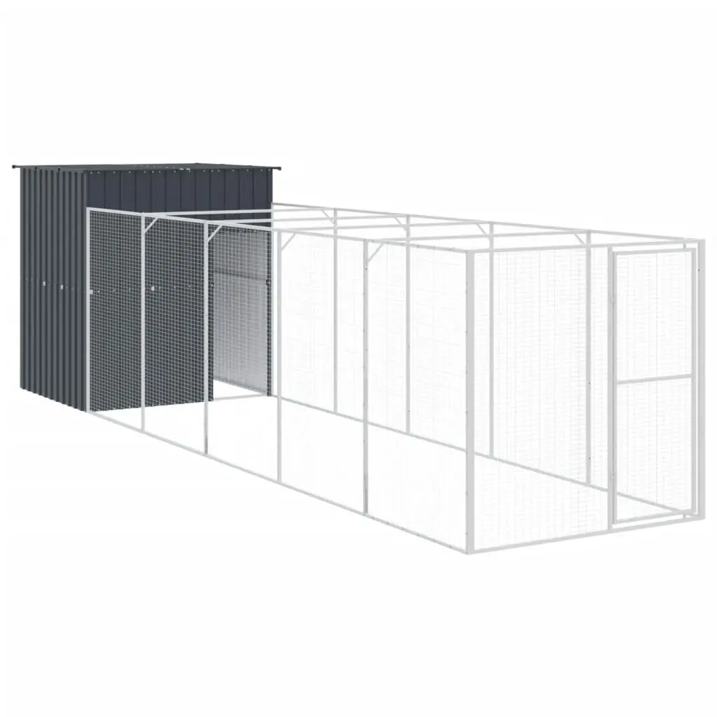 Dog House with Run Anthracite Galvanised Steel Large Outdoor Pet Kennel