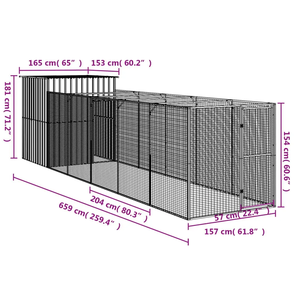 Dog House with Run Anthracite Galvanised Steel Large Outdoor Pet Kennel