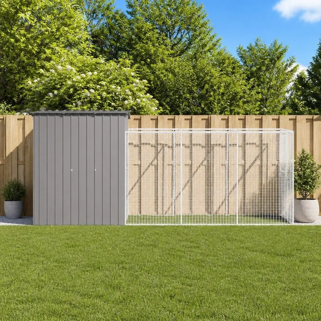 Dog House with Run Galvanised Steel Light Grey Outdoor Pet Kennel Enclosure