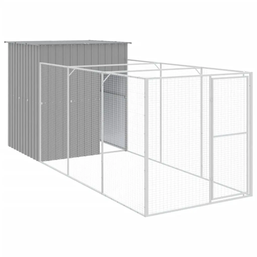 Dog House with Run Galvanised Steel Light Grey Outdoor Pet Kennel Enclosure