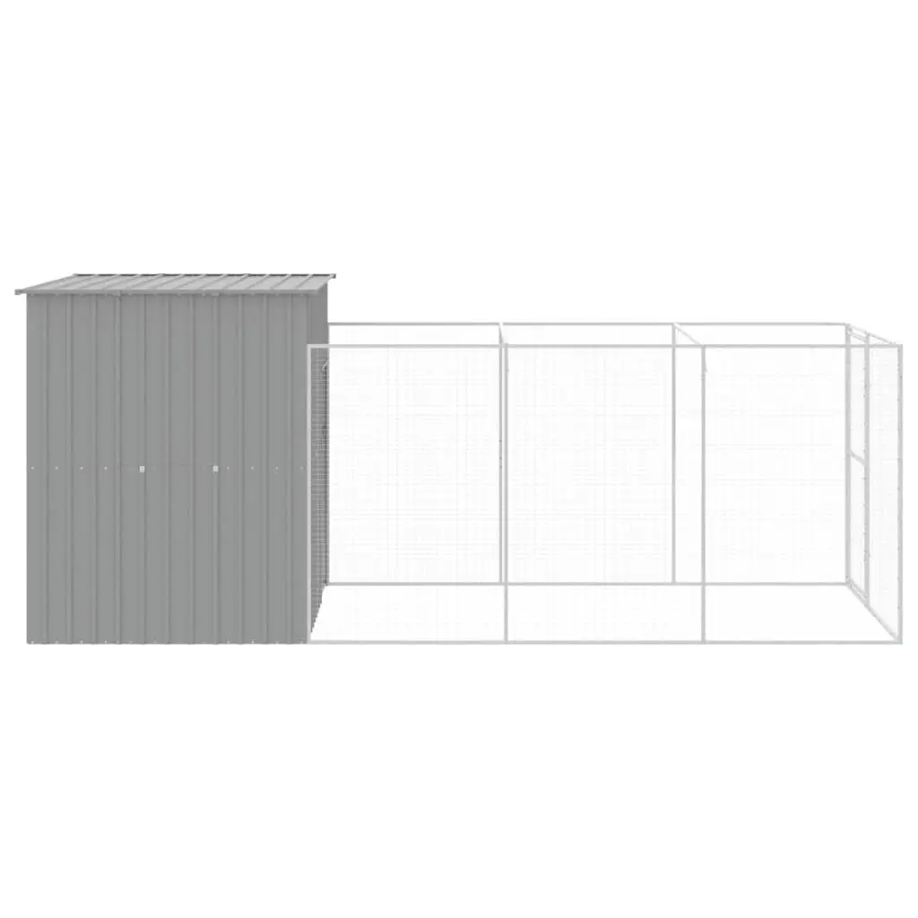 Dog House with Run Galvanised Steel Light Grey Outdoor Pet Kennel Enclosure