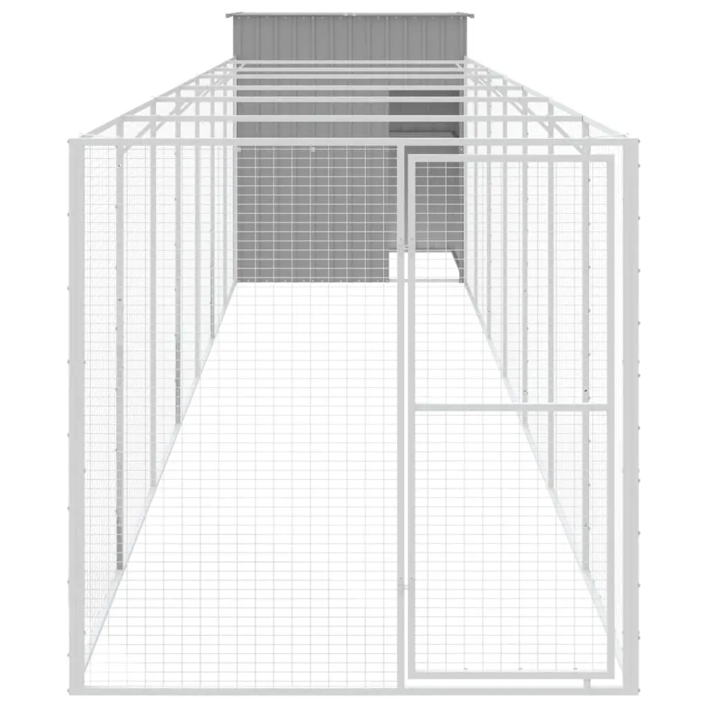 Dog House with Run Light Grey Galvanised Steel Outdoor Pet Cage Shelter